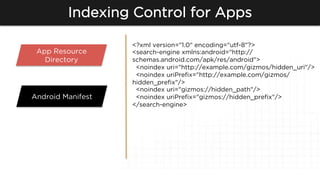 Indexing Control for Apps
<?xml version="1.0" encoding="utf-8"?>
<search-engine xmlns:android="http://
schemas.android.com...