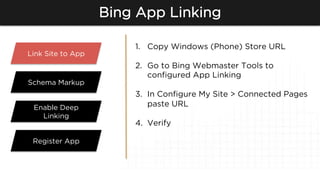 Bing App Linking
1.  Copy Windows (Phone) Store URL
2.  Go to Bing Webmaster Tools to
conﬁgured App Linking
3.  In Conﬁgur...