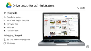 In this guide
1. Tailor Drive settings
2. Install Drive on your computer
3. Store your files
4. Use Drive
5. Train your team
What you’ll need
A G Suite administrator account
30 minutes
Drive setup for administrators
 