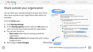 Share outside your organization
You can tailor your sharing settings to let your team share
documents outside of your organization (with clients, for
example).
From the Drive page:
1. Click Sharing settings.
2. In the Sharing options section, select the On option so
users can share documents outside the organization.
3. You can also choose to:
○ Warn users when they are sharing outside the
organization
○ Allow users to share with people who aren’t using a
Google account.
4. Don’t forget to Save Changes.
4. Use Drive1. Tailor settings 2. Install Drive 3. Store files 5. Train your team
Learn more about sharing permissions in Drive
 