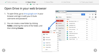 Open Drive in your web browser
1. To open Drive, go to drive.google.com in your
browser and sign in with your G Suite
username and password.
2. You can create a new folder by clicking
Folder, entering the name of the folder, and
then clicking Create.
Tailor settings 2. Open Drive 4. Use Drive3. Store files 5. Train your team
 