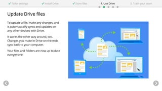 Update Drive files
To update a file, make any changes, and
it automatically syncs and updates on
any other devices with Dr...