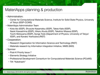 MateriApps planning & production
• Administration:

• Center for Computational Materials Science, Institute for Solid State Physics, University
of Tokyo (ISSP-CCMS)

• MateriApps Administration Team

• Kota Ido (ISSP), Shusuke Kasamatsu (ISSP), Takeo Kato (ISSP),
Naoki Kawashima (ISSP), Hikaru Kouta (ISSP), Takahiro Misawa (ISSP),
Yuichi Motoyama (ISSP), Synge Todo (Department of Physics, University of Tokyo/
ISSP), and Kanako Yoshizawa (RIST)

• Cooperation:

• Research Organization for Information Science and Technology (RIST)

• Materials research by Information Integration Initiative, NIMS (MI2I)

• Sponsor

• Post-K Priority Issue 7

• Elements Strategy Initiative

• Professional Development Consortium for Computational Materials Science (PCoMS)

• TIA “Kakehashi”
MateriApps, 2013-2019. All rights reserved.15
 