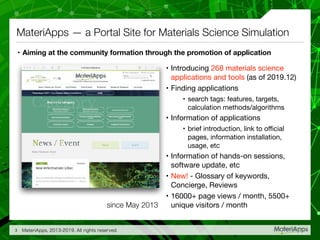 MateriApps — a Portal Site for Materials Science Simulation
• Aiming at the community formation through the promotion of application
MateriApps, 2013-2019. All rights reserved.3
• Introducing 268 materials science
applications and tools (as of 2019.12)

• Finding applications

• search tags: features, targets,
calculation methods/algorithms

• Information of applications

• brief introduction, link to oﬃcial
pages, information installation,
usage, etc

• Information of hands-on sessions,
software update, etc

• New! - Glossary of keywords,
Concierge, Reviews

• 16000+ page views / month, 5500+
unique visitors / monthsince May 2013
 