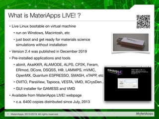 What is MateriApps LIVE! ?
• Live Linux bootable on virtual machine

• run on Windows, Macintosh, etc

• just boot and get ready for materials science
simulations without installation

• Version 2.4 was published in December 2019

• Pre-installed applications and tools

• abinit, AkaiKKR, ALAMODE, ALPS, CP2K, Feram, 
ERmod, DCore, DSQSS, HΦ, LAMMPS, mVMC,
OpenMX, Quantum ESPRESSO, SMASH, xTAPP, etc

• OVITO, ParaView, Tapioca, VESTA, VMD, XCrysDen…

• GUI installer for GAMESS and VMD

• Available from MateriApps LIVE! webpage

• c.a. 6400 copies distributed since July, 2013
MateriApps, 2013-2019. All rights reserved.7
 