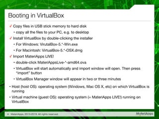 Booting in VirtualBox
✓ Copy ﬁles in USB stick memory to hard disk

• copy all the ﬁles to your PC, e.g. to desktop

✓ Install VirtualBox by double-clicking the installer

• For Windows: VirutalBox-5.*-Win.exe

• For Macintosh: VirtualBox-5.*-OSX.dmg

✓ Import MateriApps LIVE!

• double-click MateriAppsLive-*-amd64.ova

• VirtualBox will start automatically and import window will open. Then press
“import” button

• VirtualBox Manager window will appear in two or three minutes

• Host (host OS): operating system (Windows, Mac OS X, etc) on which VirtualBox is
running

• Virtual machine (guest OS): operating system (= MateriApps LIVE!) running on
VirtualBox
MateriApps, 2013-2019. All rights reserved.9
 