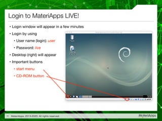 • Login window will appear in a few minutes

• Login by using

• User name (login): user

• Password: live

• Desktop (rig...