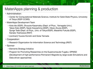 MateriApps planning & production
• Administration:

• Center for Computational Materials Science, Institute for Solid State Physics, University
of Tokyo (ISSP-CCMS)

• MateriApps Development Team

• Kota Ido (ISSP), Shusuke Kasamatsu (Dept. of Phys., Yamagata Univ.),
Takeo Kato (ISSP), Naoki Kawashima (ISSP), Hikaru Kouta (ISSP),
Synge Todo (Dept. of Phys., Univ. of Tokyo/ISSP), Masahito Fukuda (ISSP),
Kanako Yoshizawa (RIST)

• (contract) Yusuke Konishi and Gotai Yamada

• Cooperation:

• Research Organization for Information Science and Technology (RIST)

• Sponsor

• Elements Strategy Initiative

• Program for Promoting Researches on the Supercomputer Fugaku: DPMSD
(Development of high-performance Permanent Magnets by large-scale Simulations and
Data-driven approaches)
MateriApps, 2013-2020. All rights reserved.17
 