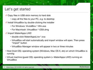 Let's get started
✓ Copy ﬁles in USB stick memory to hard disk

• copy all the ﬁles to your PC, e.g. to desktop

✓ Install VirtualBox by double-clicking the installer

• For Windows: VirutalBox-*-Win.exe

• For Macintosh: VirtualBox-*-OSX.dmg

✓ Import MateriApps LIVE!

• double-click MateriAppsLive-*.ova

• VirtualBox will start automatically and import window will open. Then press
“import” button

• VirtualBox Manager window will appear in two or three minutes

• Host (host OS): operating system (Windows, Mac OS X, etc) on which VirtualBox is
running

• Virtual machine (guest OS): operating system (= MateriApps LIVE!) running on
VirtualBox
MateriApps, 2013-2020. All rights reserved.11
 