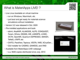 What is MateriApps LIVE! ?
• Live Linux bootable on virtual machine

• run on Windows, Macintosh, etc

• just boot and get ready for materials science
simulations without installation

• Version 3.2 was released in Oct. 2020

• Pre-installed applications and tools

• abinit, AkaiKKR, ALAMODE, ALPS, CONQUEST, 
Feram, DCore, DSQSS, HΦ, LAMMPS, mVMC,
OCTA, OpenMX, Quantum ESPRESSO, SMASH, 
TeNeS, xTAPP, etc

• OVITO, ParaView, Tapioca, VESTA, VMD, XCrysDen…

• GUI installer for CASINO, GAMESS, and VMD

• Available from MateriApps LIVE! webpage

• c.a. 9500 copies distributed since July, 2013
MateriApps, 2013-2020. All rights reserved.6
 