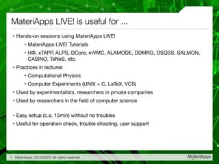 MateriApps LIVE! is useful for ...
• Hands-on sessions using MateriApps LIVE!

• MateriApps LIVE! Tutorials

• HΦ, xTAPP, ALPS, DCore, mVMC, ALAMODE, DDMRG, DSQSS, SALMON,
CASINO, TeNeS, etc.

• Practices in lectures

• Computational Physics

• Computer Experiments (UNIX + C, LaTeX, VCS)

• Used by experimentalists, researchers in private companies

• Used by researchers in the ﬁeld of computer science

• Easy setup (c.a. 15min) without no troubles

• Useful for operation check, trouble shooting, user support
MateriApps, 2013-2020. All rights reserved.7
 