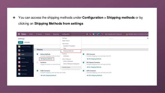 ❖ You can access the shipping methods under Configuration > Shipping methods or by
clicking on Shipping Methods from settings
 