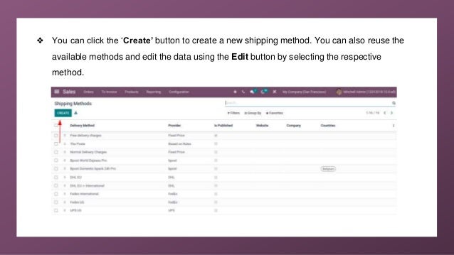 ❖ You can click the ‘Create’ button to create a new shipping method. You can also reuse the
available methods and edit the data using the Edit button by selecting the respective
method.
 