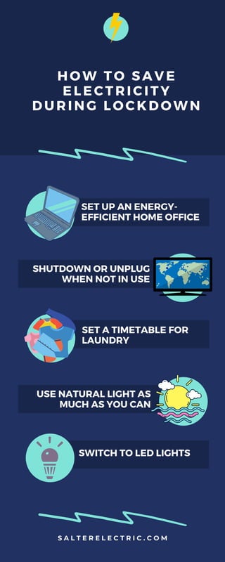 HOW TO SAVE
ELECTRI CI TY
DURI NG LOCKDOWN
SET UP AN ENERGY-
EFFICIENT HOME OFFICE
S A L T E R E L E C T R I C . C O M
SHUTDOWN OR UNPLUG
WHEN NOT IN USE
USE NATURAL LIGHT AS
MUCH AS YOU CAN
SET A TIMETABLE FOR
LAUNDRY
SWITCH TO LED LIGHTS
 