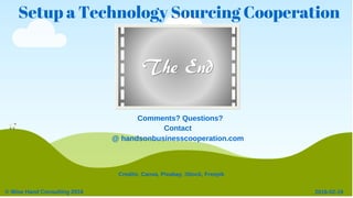 Setup a Technology Sourcing Cooperation
Comments?Questions?
Contact
@handsonbusinesscooperation.com
Credits:Canva,Pixabay,iStock,Freepik
©WiseHandConsulting2016 2016­02­19
 