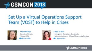 Set Up a Virtual Operations Support
Team (VOST) to Help in Crises
• Cheryl Bledsoe
• Executive Director
• Virtual EMA
@CherylBle
• Mary Jo Flynn
• Emergency Operations Coordinator
• Sacramento County Officeof Emergency Services
• @MaryJoFly
 