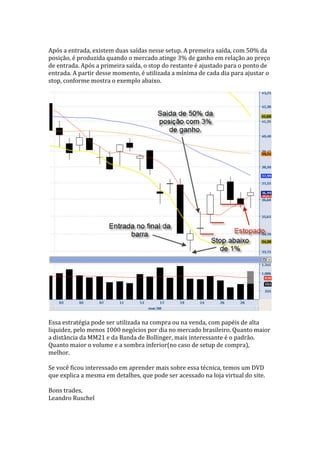  
Após a entrada, existem duas saídas nesse setup. A premeira saída, com 50% da 
posição, é produzida quando o mercado atinge 3% de ganho em relação ao preço 
de entrada. Após a primeira saída, o stop do restante é ajustado para o ponto de 
entrada. A partir desse momento, é utilizada a mínima de cada dia para ajustar o 
stop, conforme mostra o exemplo abaixo. 
 




                                                                                     
 
Essa estratégia pode ser utilizada na compra ou na venda, com papéis de alta 
liquidez, pelo menos 1000 negócios por dia no mercado brasileiro. Quanto maior 
a distância da MM21 e da Banda de Bollinger, mais interessante é o padrão. 
Quanto maior o volume e a sombra inferior(no caso de setup de compra), 
melhor.  
 
Se você ficou interessado em aprender mais sobre essa técnica, temos um DVD 
que explica a mesma em detalhes, que pode ser acessado na loja virtual do site. 
 
Bons trades, 
Leandro Ruschel 
 
 