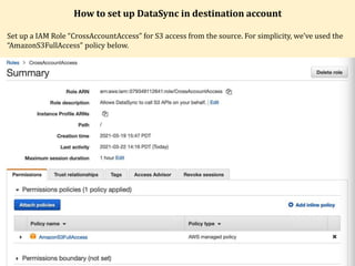 How to set up DataSync in destination account
Set up a IAM Role “CrossAccountAccess” for S3 access from the source. For simplicity, we’ve used the
“AmazonS3FullAccess” policy below.
 
