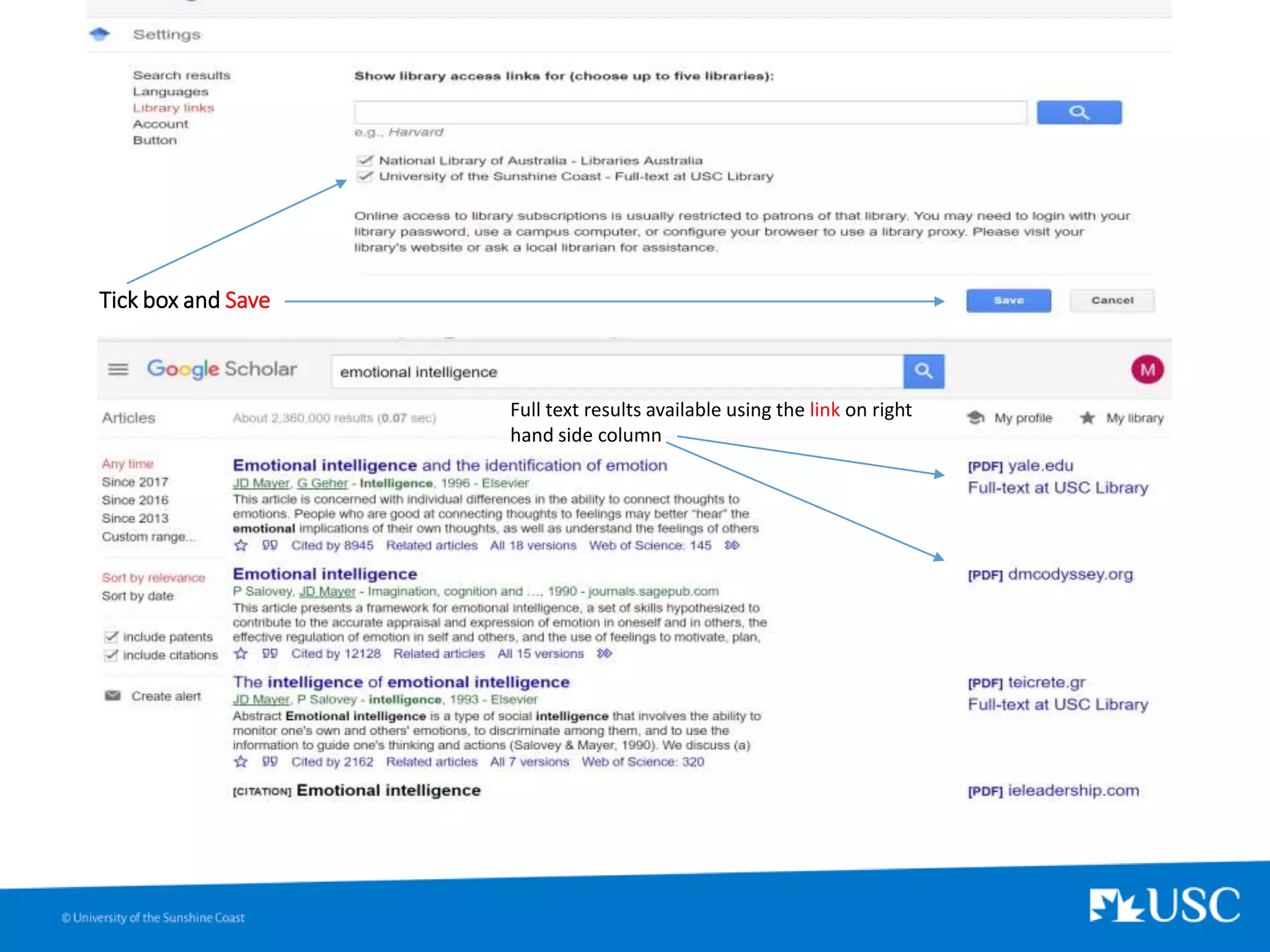 Tick box and Save
Full text results available using the link on right
hand side column
 