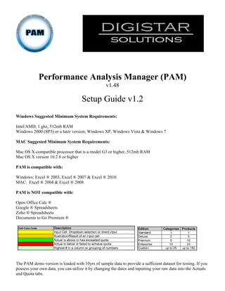 Performance Analysis Manager (PAM)
                                                  v1.48

                                     Setup Guide v1.2
Windows Suggested Minimum System Requirements:

Intel/AMD, 1 ghz, 512mb RAM
Windows 2000 (SP3) or a later version, Windows XP, Windows Vista & Windows 7

MAC Suggested Minimum System Requirements:

Mac OS X-compatible processor that is a model G3 or higher, 512mb RAM
Mac OS X version 10.2.8 or higher

PAM is compatible with:

Windows: Excel ® 2003, Excel ® 2007 & Excel ® 2010
MAC: Excel ® 2004 & Excel ® 2008

PAM is NOT compatible with:

Open Office Calc ®
Google ® Spreadsheets
Zoho ® Spreadsheets
Documents to Go Premium ®




The PAM demo version is loaded with 10yrs of sample data to provide a sufficient dataset for testing. If you
possess your own data, you can utilize it by changing the dates and inputting your raw data into the Actuals
and Quota tabs.
 
