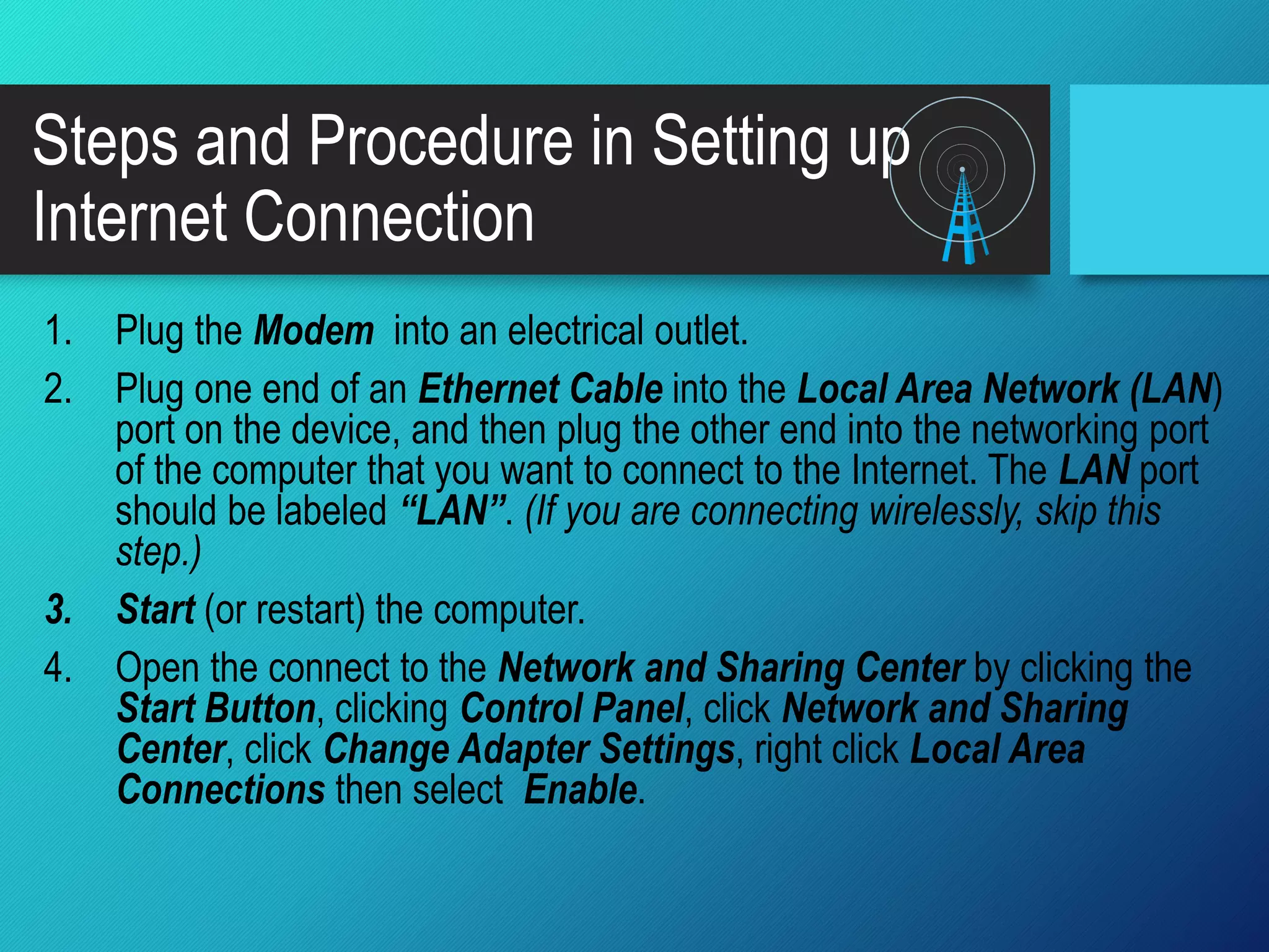 SET UP INTERNET CONNECTION USING MODEM PPTX
