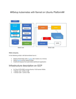 ##Setup kubernetes with flannel on Ubuntu Platform##
Hello everyone,
In the following article I will demonstrate how to :
• Deploy Kubernetes with 2 nodes (the master an a minion)
• Setup flannel as the network plugin
• Install and expose the kubernetes-dashboard application
Infrastructure description on GCP
• 2x Cloud VPS-SSD running Ubuntu 16.04 server 64bits
• 1 Master with 1vCPU 4 GB
• 1 Worker with 1 vCPU 4 GB
 