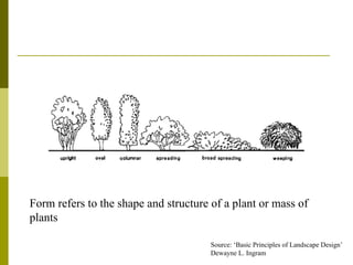 Form refers to the shape and structure of a plant or mass of
plants

                                       Source: ‘Basic Principles of Landscape Design’
                                       Dewayne L. Ingram
 