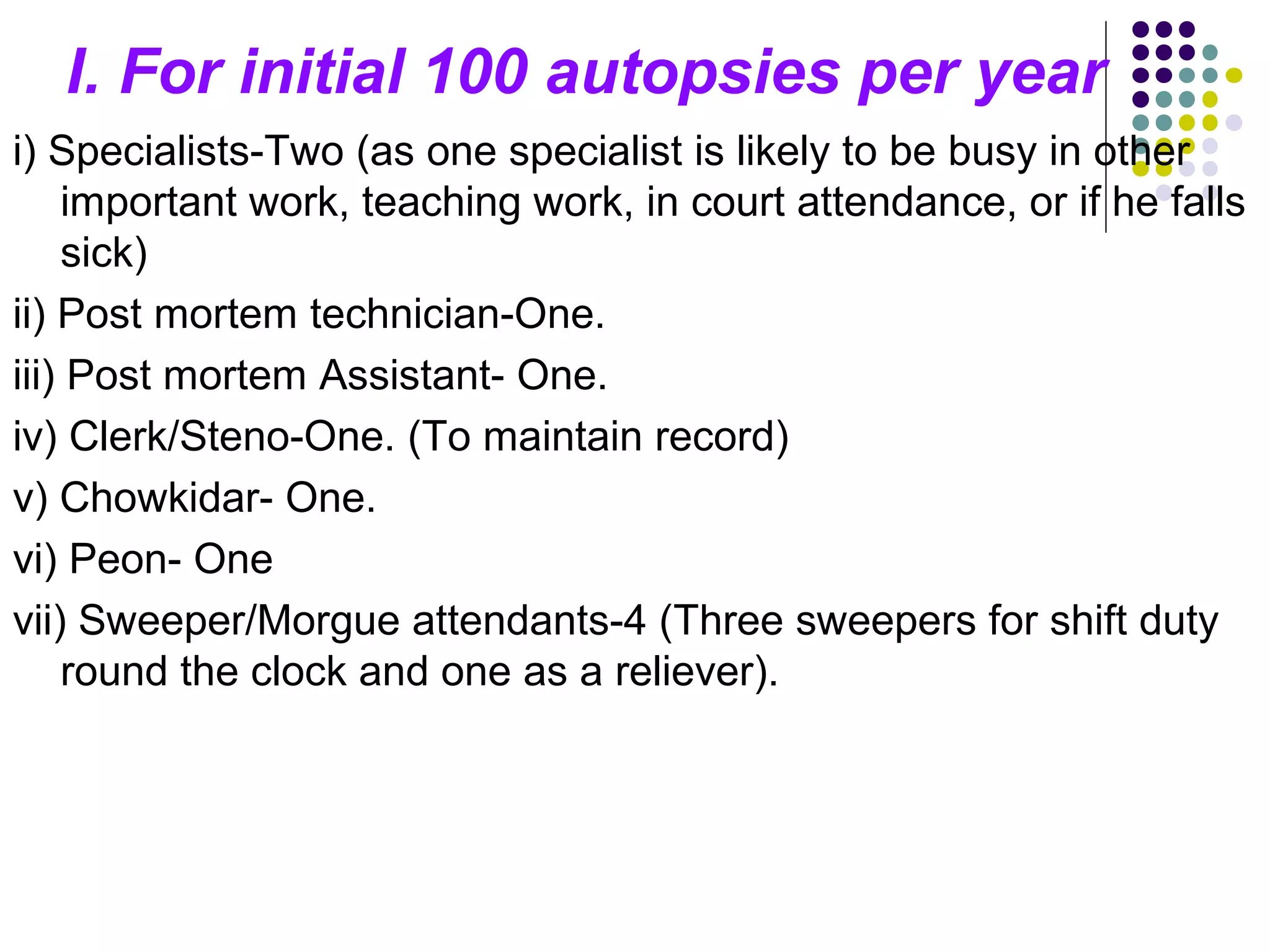 I. For initial 100 autopsies per year
i) Specialists-Two (as one specialist is likely to be busy in other
important work, teaching work, in court attendance, or if he falls
sick)
ii) Post mortem technician-One.
iii) Post mortem Assistant- One.
iv) Clerk/Steno-One. (To maintain record)
v) Chowkidar- One.
vi) Peon- One
vii) Sweeper/Morgue attendants-4 (Three sweepers for shift duty
round the clock and one as a reliever).
 