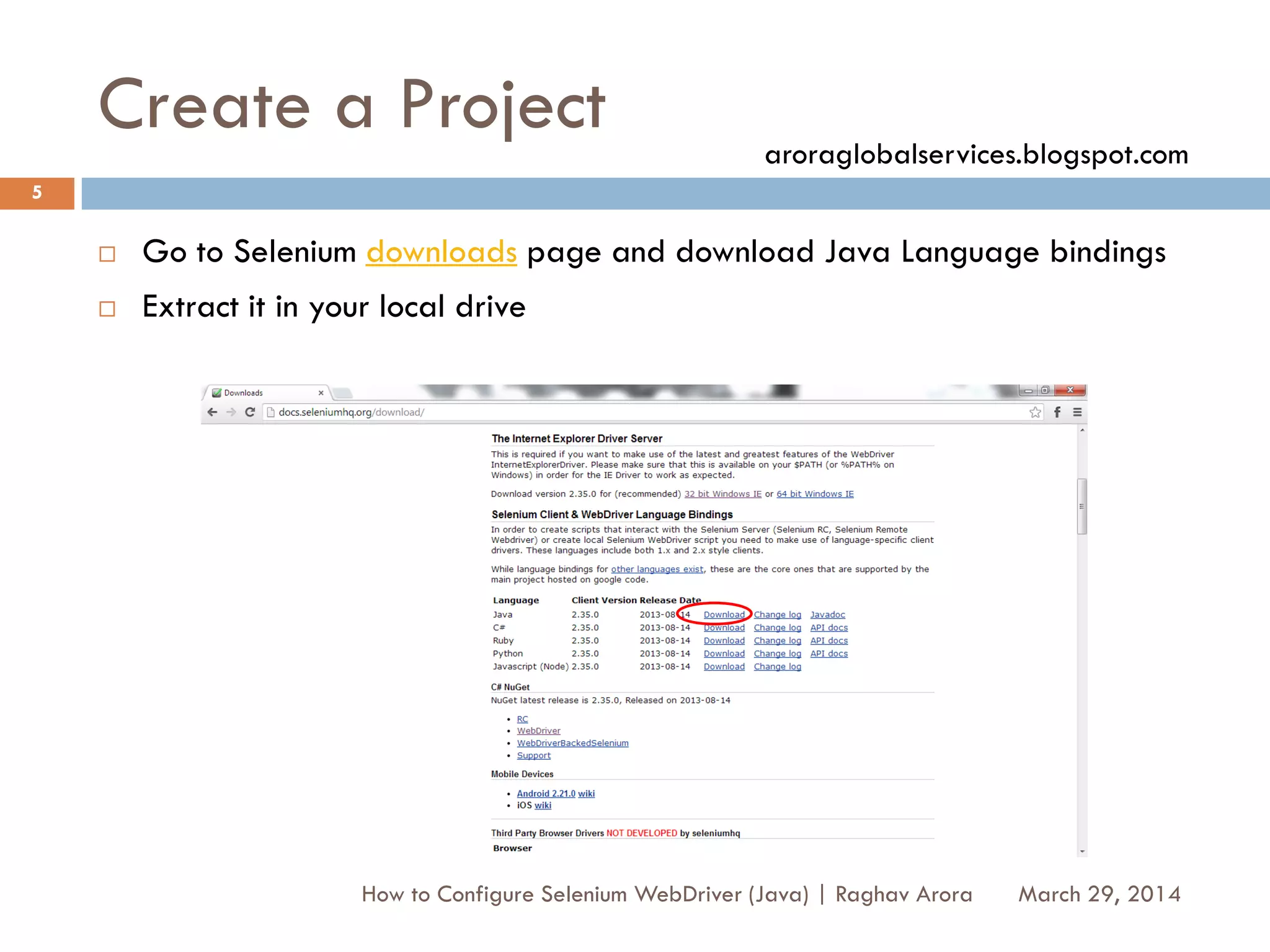 Create a Project
 Go to Selenium downloads page and download Java Language bindings
 Extract it in your local drive
March 29, 2014
5
How to Configure Selenium WebDriver (Java) | Raghav Arora
aroraglobalservices.blogspot.com
 