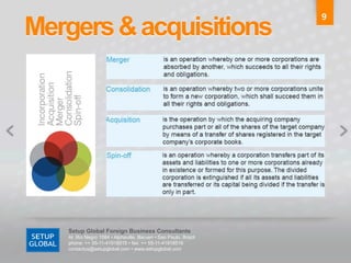 9	
  
Mergers & acquisitions	
  




    Setup Global Foreign Business Consultants
    Al. Rio Negro 1084 • Alphaville, Barueri • Sao Paulo, Brazil
    phone: ++ 55-11-41918515 • fax: ++ 55-11-41918516
    contactus@setupglobal.com • www.setupglobal.com	
  
 