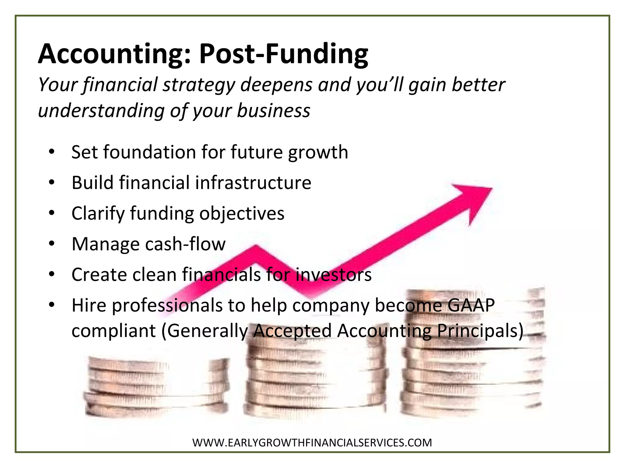 • Set foundation for future growth
• Build financial infrastructure
• Clarify funding objectives
• Manage cash-flow
• Create clean financials for investors
• Hire professionals to help company become GAAP
compliant (Generally Accepted Accounting Principals)
Accounting: Post-Funding
Your financial strategy deepens and you’ll gain better
understanding of your business
WWW.EARLYGROWTHFINANCIALSERVICES.COM
 