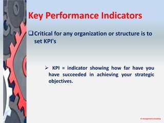 Key Performance Indicators
Critical for any organization or structure is to
 set KPI's



       KPI = indicator showing...