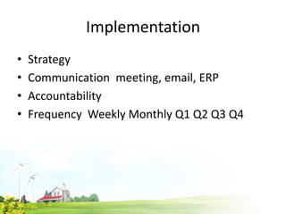 Implementation
• Strategy
• Communication meeting, email, ERP
• Accountability
• Frequency Weekly Monthly Q1 Q2 Q3 Q4
 