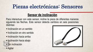 Piezas electrónicas: Sensores
Sensor de inclinación
Para interactuar con este sensor, incline la pieza de diferentes maneras
siguiendo las flechas. Este sensor detecta cambios en seis posiciones
distintas:
 Inclinación en un sentido
 Inclinación en otro sentido
 Inclinación hacia arriba
 Inclinación hacia abajo
 Sin inclinación
 Agitar
 