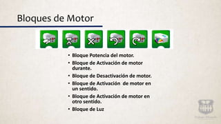 Bloques de Motor
• Bloque Potencia del motor.
• Bloque de Activación de motor
durante.
• Bloque de Desactivación de motor.
• Bloque de Activación de motor en
un sentido.
• Bloque de Activación de motor en
otro sentido.
• Bloque de Luz
 