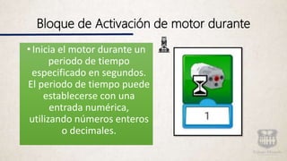 Bloque de Activación de motor durante
•Inicia el motor durante un
periodo de tiempo
especificado en segundos.
El periodo de tiempo puede
establecerse con una
entrada numérica,
utilizando números enteros
o decimales.
 