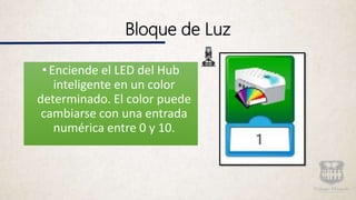 Bloque de Luz
• Enciende el LED del Hub
inteligente en un color
determinado. El color puede
cambiarse con una entrada
numérica entre 0 y 10.
 