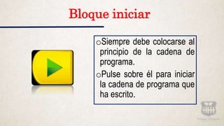 Bloque iniciar
oSiempre debe colocarse al
principio de la cadena de
programa.
oPulse sobre él para iniciar
la cadena de programa que
ha escrito.
 