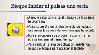 Bloque Iniciar al pulsas una tecla
oSiempre debe colocarse al principio de la cadena
de programa.
oPulse sobre él o en la letra correcta del teclado
para iniciar la cadena de programa que ha escrito.
oTodas las cadenas de programa con la misma
letra se iniciarán al mismo tiempo.
oPara cambiar la letra de activación, mantenga
pulsado el bloque para acceder al teclado.
 