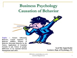 Business Psychology
Causation of Behavior
Syed Md. Sajjad Kabir
Lecturer, Dept. of Psychology, CU
Topics : Factors influencing
Behavior, Casual Sequence in
Behavior (SOBA), Purpose of
Behavior, Determine Behavior by the
Nature, Applications of Causation
Formula to job, Nature of people,
Differences to be expected between
Management and Labor.
SMS Kabir, smskabir@psy.jnu.ac.bd;
smskabir218@gmail.com 1
 