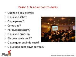 Passo 1: Ir ao encontro deles
•   Quem é o seu cliente?
•   O que ele sabe?
•   O que pensa?
•   Como age?
•   Por que age assim?
•   O que ele procura?
•   Ele quer ouvir você?
•   O que quer ouvir de você?
•   O que não quer ouvir de você?

                                    Empresas melhores para um Mundo melhor
 