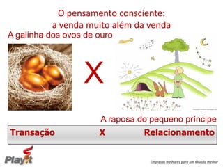 O pensamento consciente:
           a venda muito além da venda
A galinha dos ovos de ouro




                  X
                       A raposa do pequeno príncipe
Transação             X          Relacionamento


                                   Empresas melhores para um Mundo melhor
 