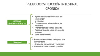 PSEUDOOBSTRUCCIÓN INTESTINAL
CRÓNICA
MEDIDAS
HIGIENICODIETÉTICAS
• Ingerir las calorías necesarias sin
sobrecargar
el intestino
• Complementos alimenticios si es
necesario
• Priorizar comida blanda o líquida
• Restringir ingesta sólida en caso de
síntomas
• Evitar estreñimiento
FÁRMACOS
• Estimular la motilidad: cinitaprida o la
domperidona
• Analgesia: paracetamol y metamizol
• Náuseas vómitos: metoclopramida
 