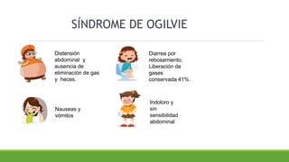 SÍNDROME DE OGILVIE
Distensión
abdominal y
ausencia de
eliminación de gas
y heces.
Diarrea por
rebosamiento.
Liberación de
gases
conservada 41%.
Nauseas y
vómitos
Indoloro y
sin
sensibilidad
abdominal
 