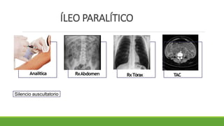Silencio auscultatorio
Analítica RxAbdomen RxTórax
ÍLEO PARALÍTICO
TAC
 
