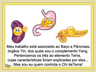Meu trabalho está associado ao Baço e Pâncreas,
órgãos Yin, dos quais sou o complemento Yang.
    Pertencemos os três ao elemento Terra,
cujas características foram explicadas por eles...
    Mas sou eu quem controla o Chi deTerra!
 