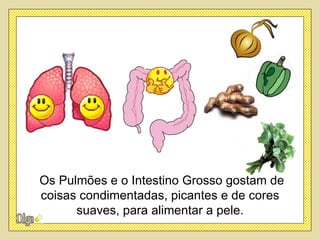 Os Pulmões e o Intestino Grosso gostam de
coisas condimentadas, picantes e de cores
      suaves, para alimentar a pele.
 
