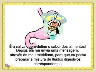 É a saliva quem define o sabor dos alimentos!
    Depois ela me envia uma mensagem,
através do meu meridiano, para que eu possa
    preparar a mistura de fluidos digestivos
               correspondentes.
 