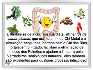 Olga E lembre-se de incluir em sua dieta,  alimentos de sabor picante , que estimulam meu Chi Metal e a circulação sanguínea, harmonizam o Chi dos Rins, fortalecem o Fígado, facilitam a eliminação de  mucos dos Pulmões e ajudam a limpar a pele. Verdadeiros “antibióticos naturais”, eles também  são excelentes para qualquer processo infeccioso! 