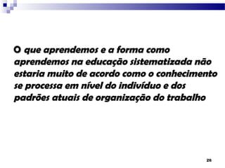 O que aprendemos e a forma como
aprendemos na educação sistematizada não
estaria muito de acordo como o conhecimento
se processa em nível do indivíduo e dos
padrões atuais de organização do trabalho




                                        26
 